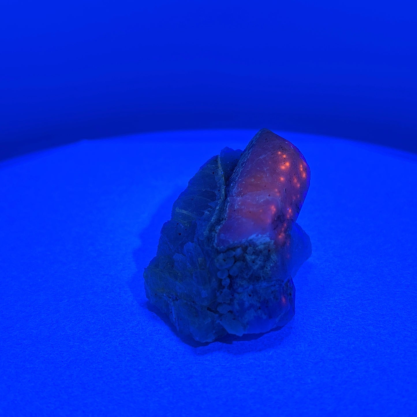 Fluorescent Hackmanite & Calcite on Quartz, Pakistan, 85.13gr