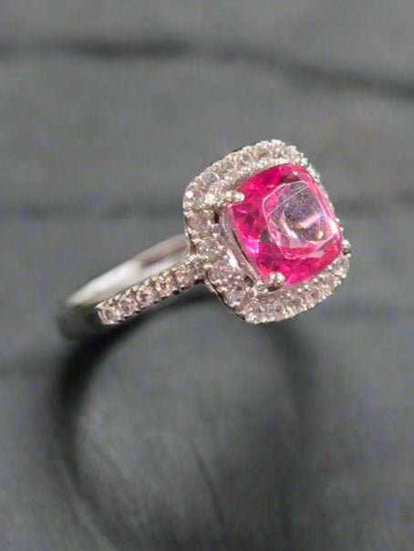 14k Estate White Gold Simulated Pink Sapphire and Diamond Ring