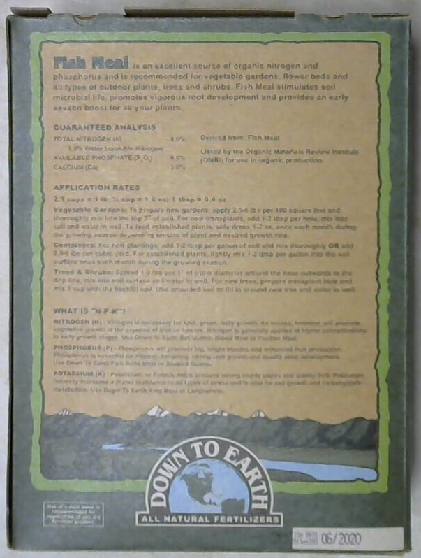 Down to Earth Fish Meal Fertilizer 8-6-0 / 5 LB Organic-OMRI Listed