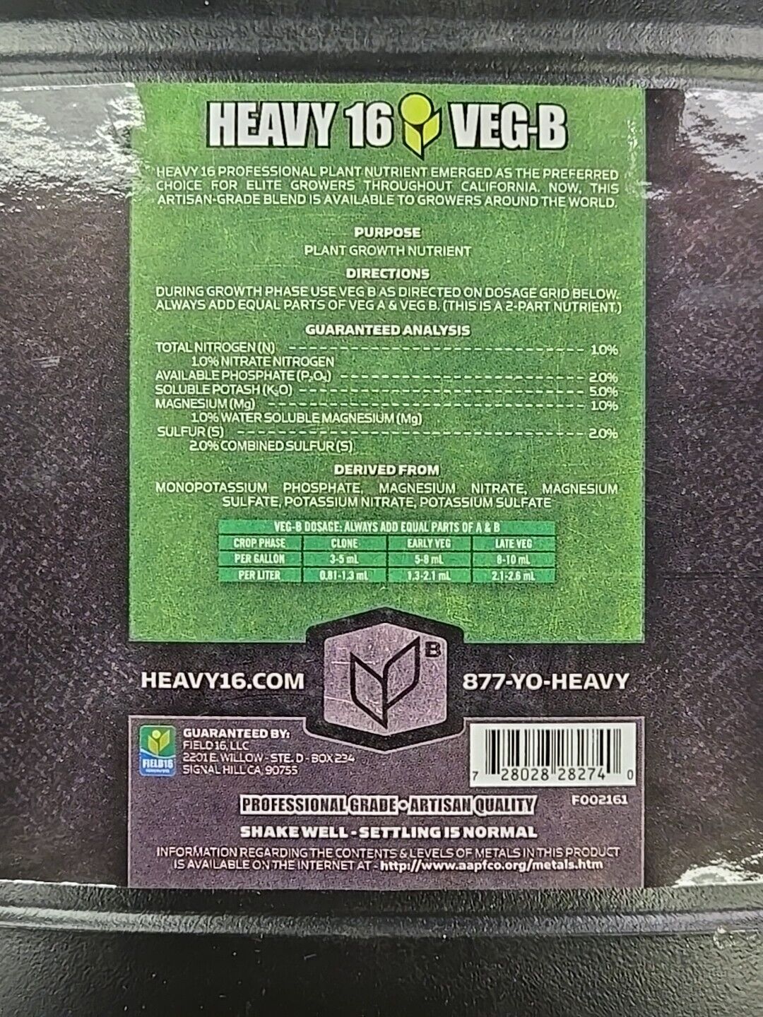 Heavy 16 Veg B - 1 Quart Professional Plant Nutrient Heavy Sixteen Brand