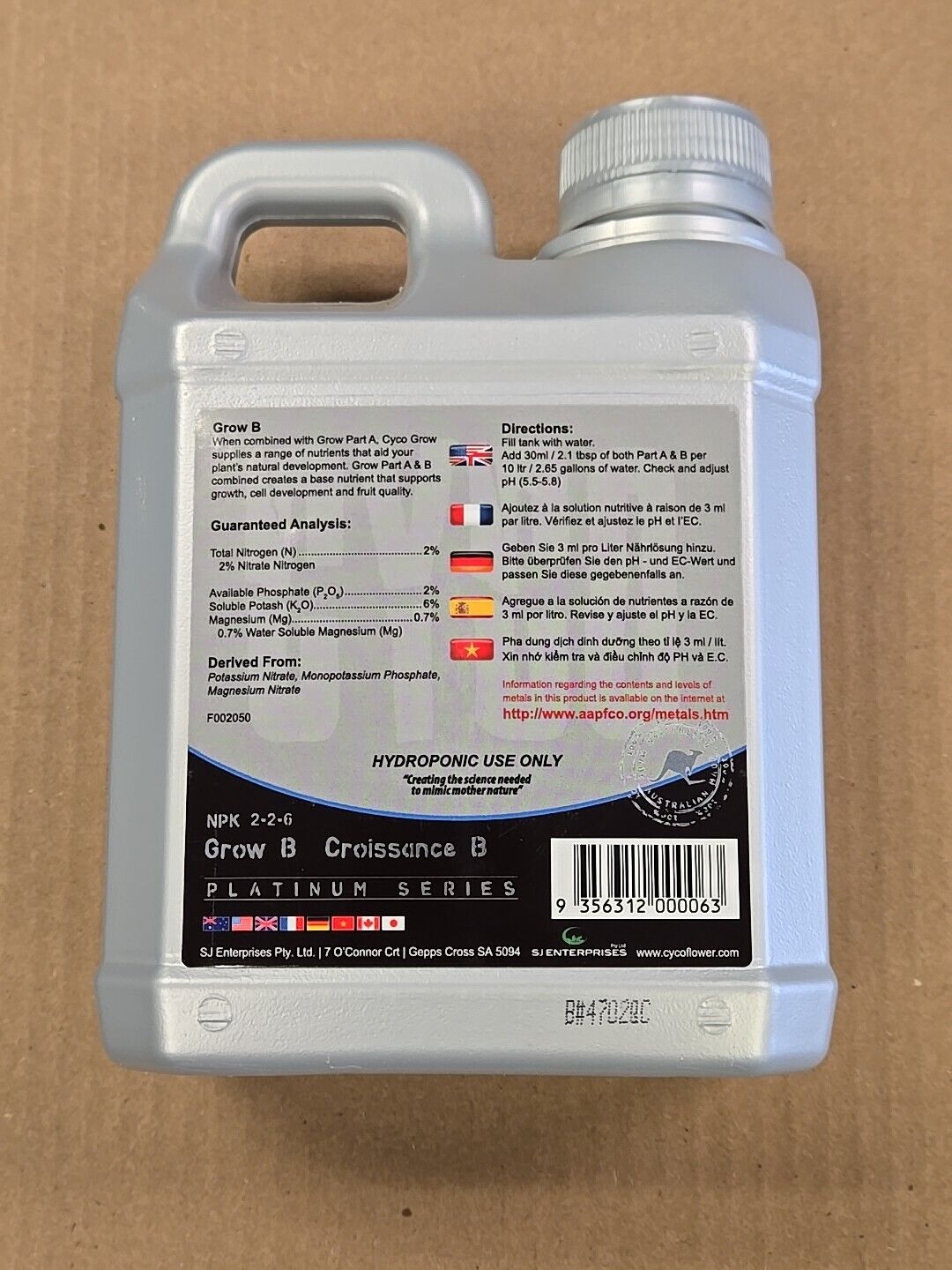 Cyco Grow B, Platinum Series, 1L, Hydroponic Use Only