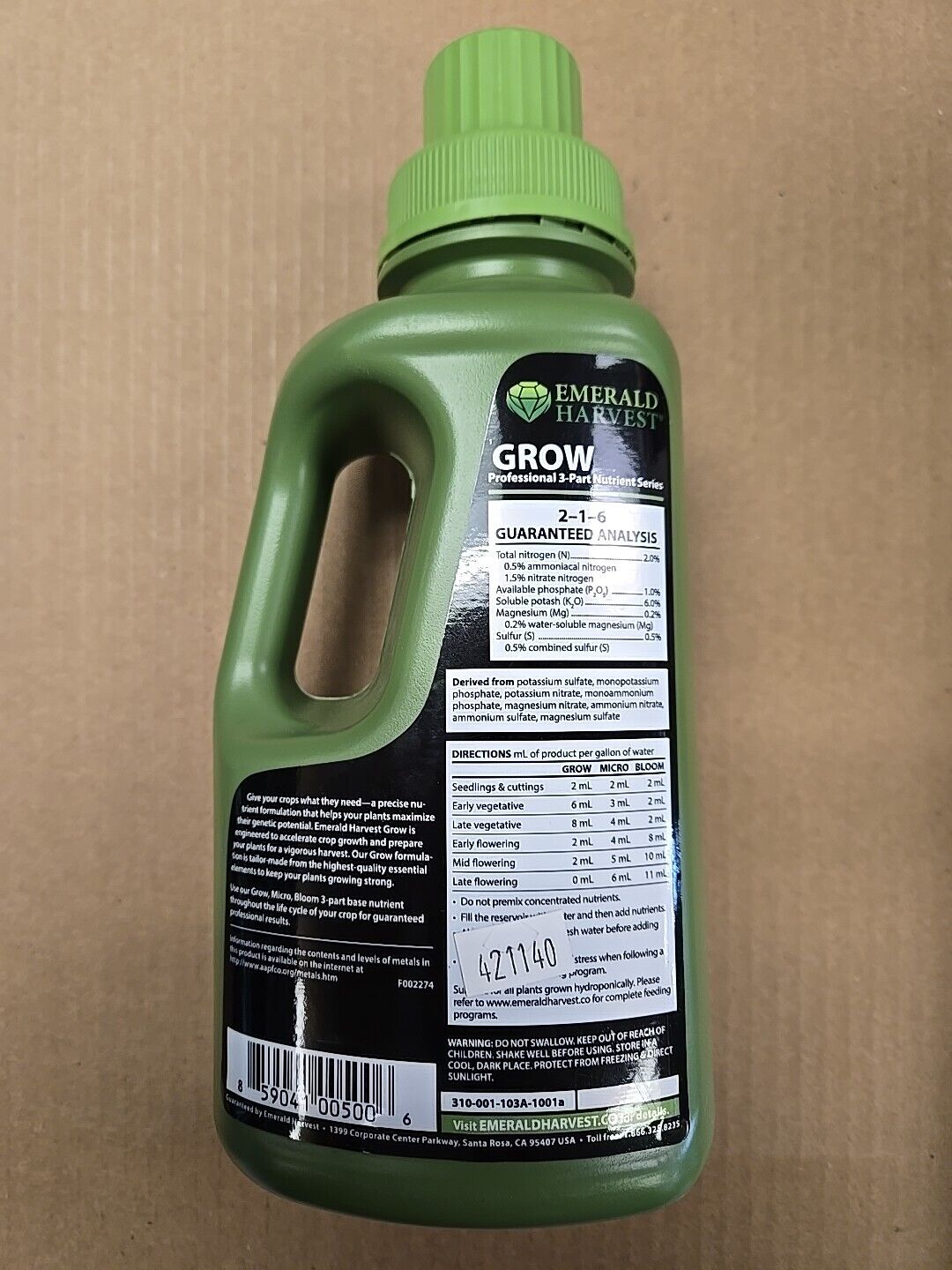 Emerald Harvest EMHGQ Grow Quart/0.95 Liter (12/Cs) fertilizers, 0.95 L, Natural