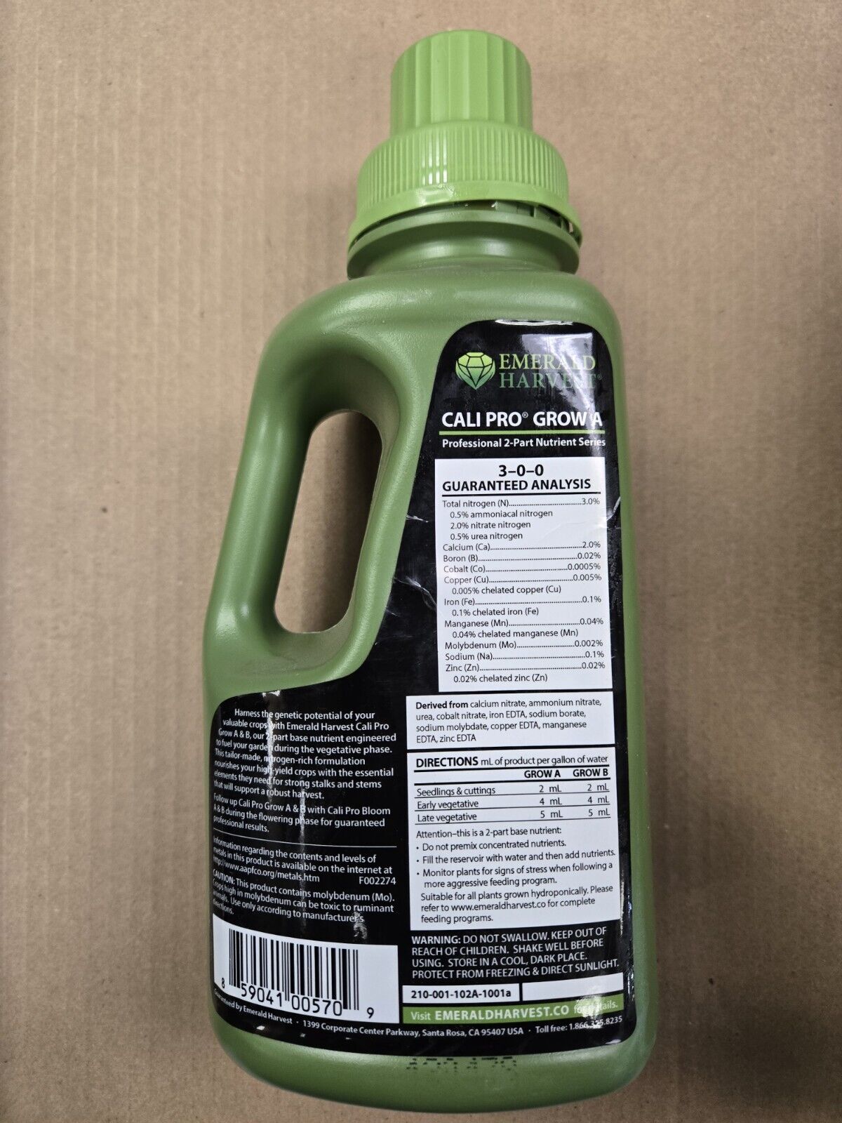 Emerald Harvest - Cali Pro Grow A Quart - Professional 2-Part Base Nutrient Grow