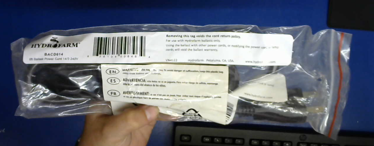 CLOSEOUT Hydrofarm 8ft Ballast Power Cord 14/3 240v