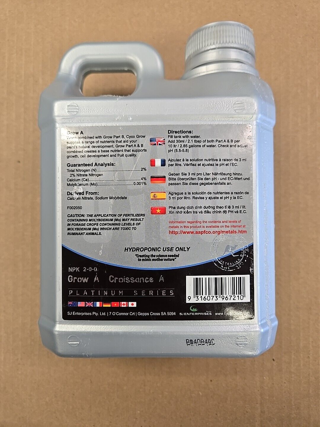 CYCO Liter Grow A Platinum Series Liquid Nutrients 1 Liter "Hydroponic Use Only"