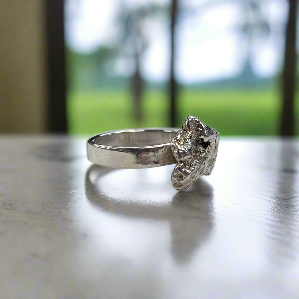 Michigan Silver Nugget Ring on Sterling Silver Band, Size 8, 6.71gr