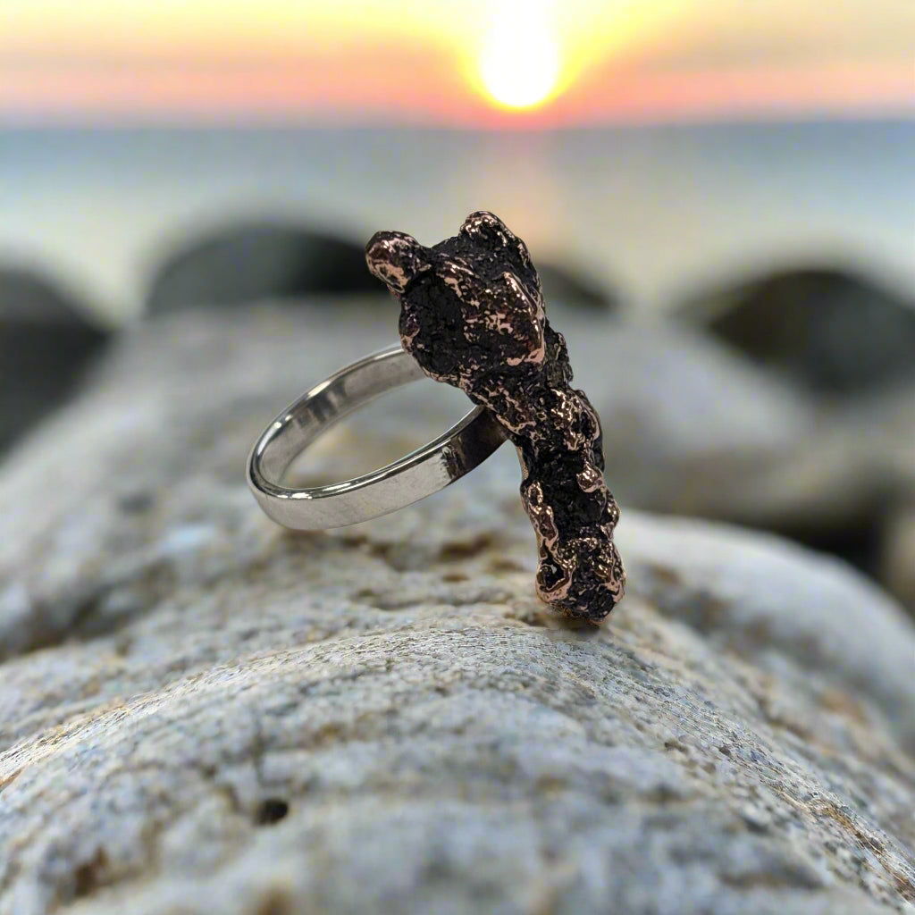 Michigan Copper Nugget Ring on Sterling Silver Band, Size 7.5, 10.06gr