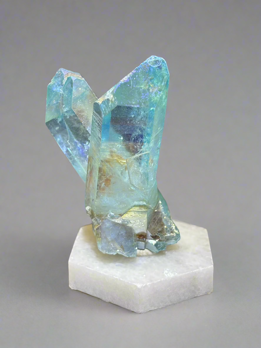 Aura Quartz Cluster on Marble Base, 85.4gr, Titanium Coating