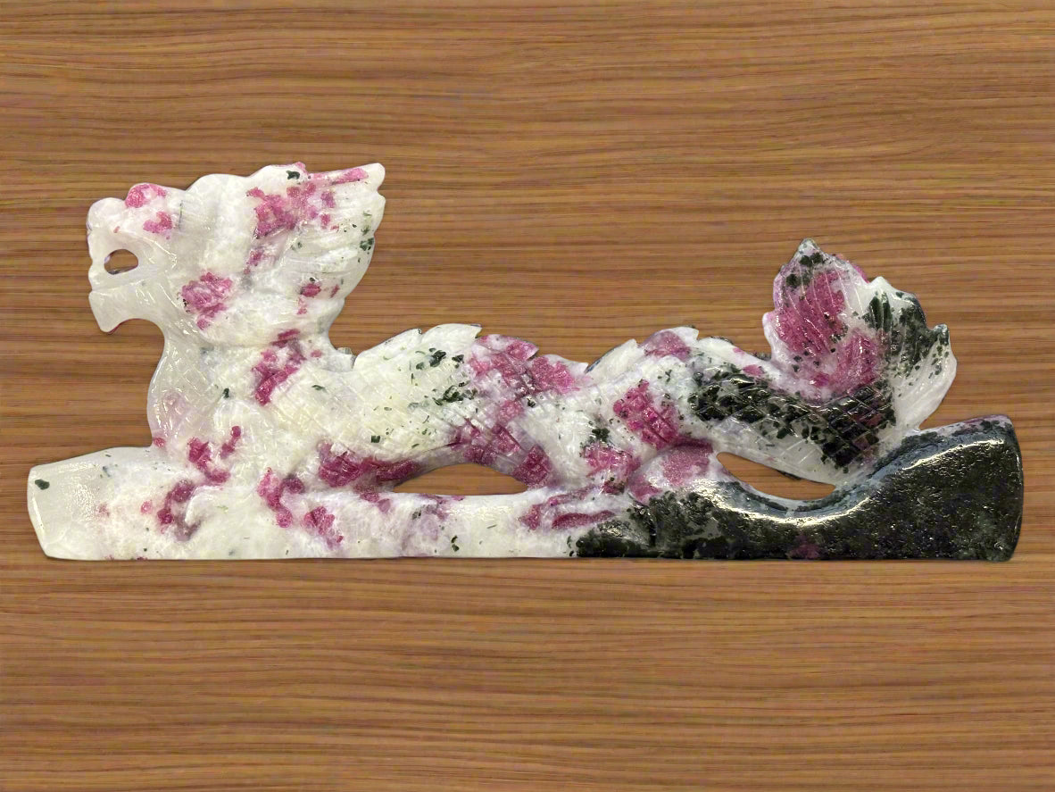 Hand Carved Dragon, In Ruby, Zoisite, & Quartz, 225.5ct. from Thailand.