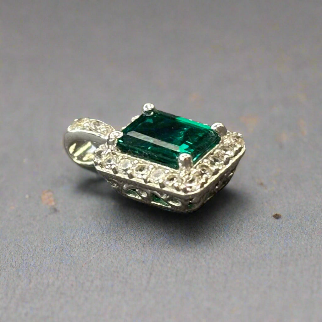 14k White Gold Synthetic Emerald & Diamond