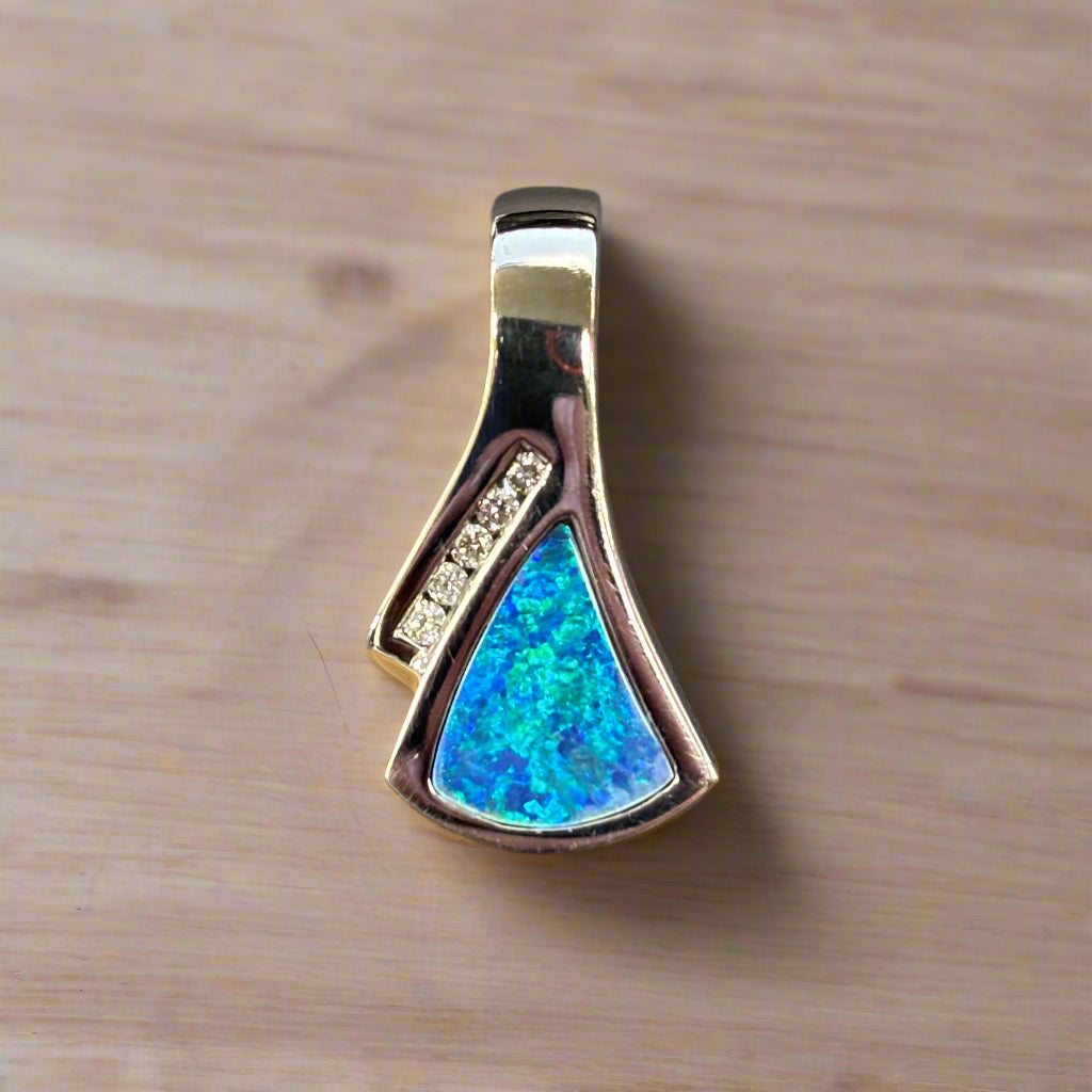 14k White Gold Boulder Opal & Diamond Pendant, Hand Cut