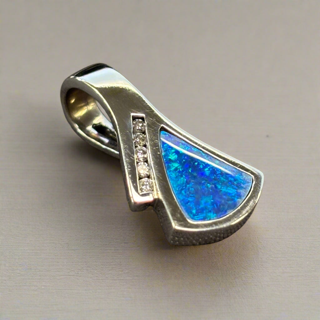 14k White Gold Boulder Opal & Diamond Pendant, Hand Cut