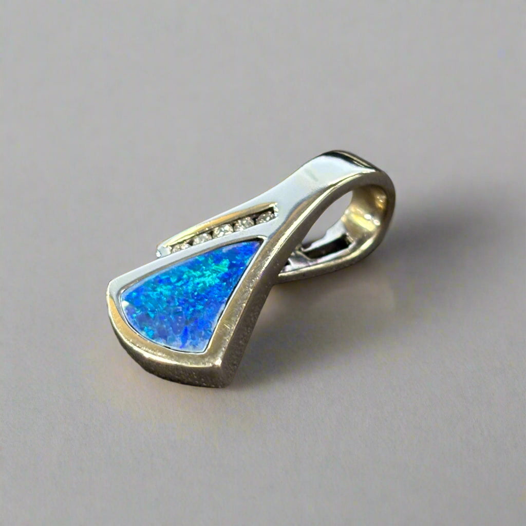 14k White Gold Boulder Opal & Diamond Pendant, Hand Cut