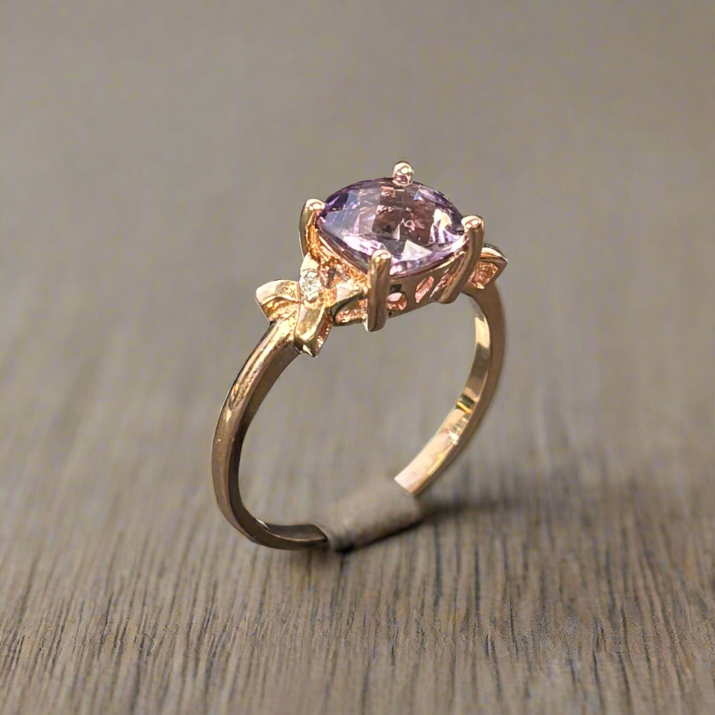 14k Rose Gold Amethyst Ring 6x4mm with Diamond Accents