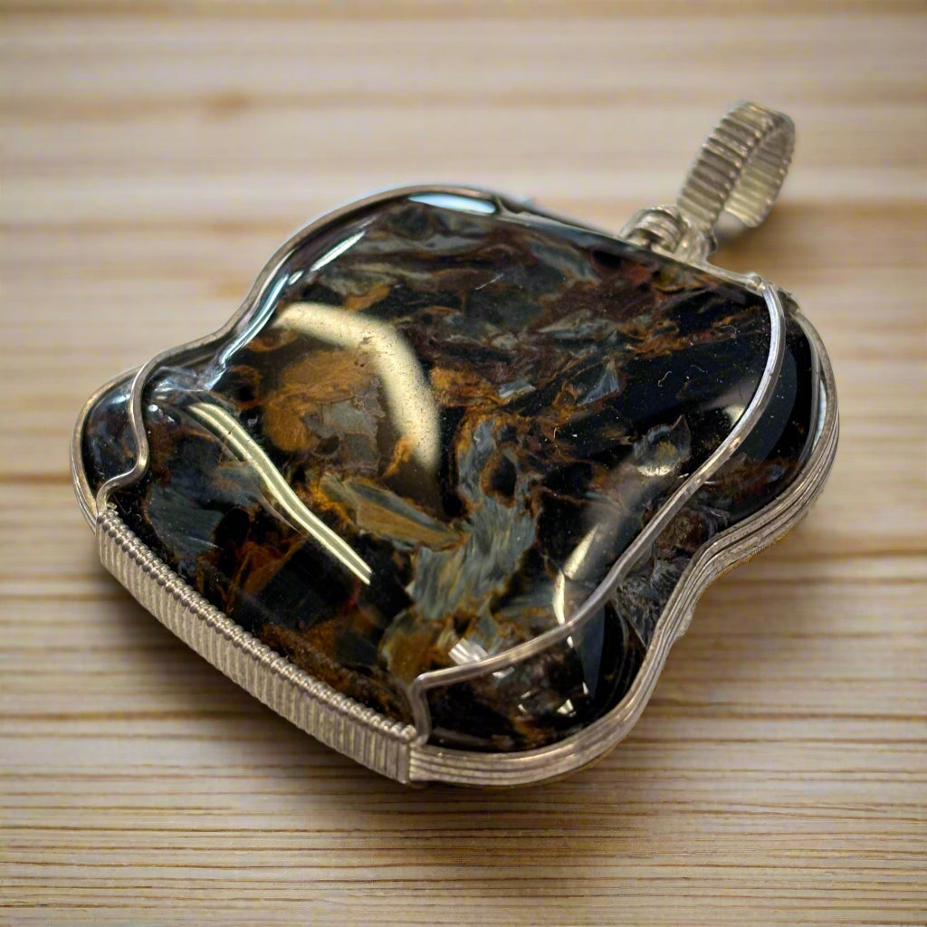 Wire Wrapped Pietersite Pendant, Sterling Silver, 24.67gr.