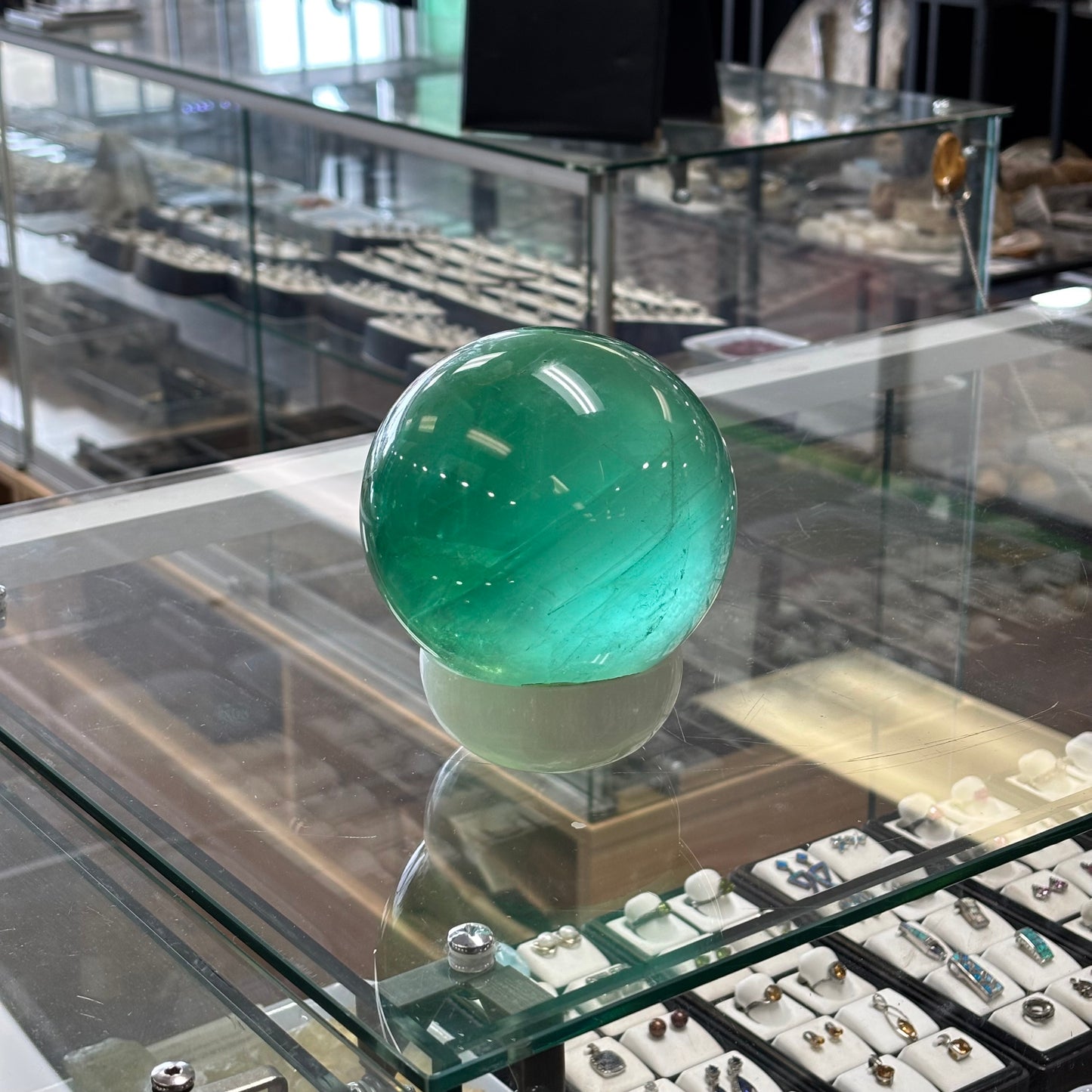 4 1/2" Green Fluorite Sphere on Selenite base, 2,500gr.