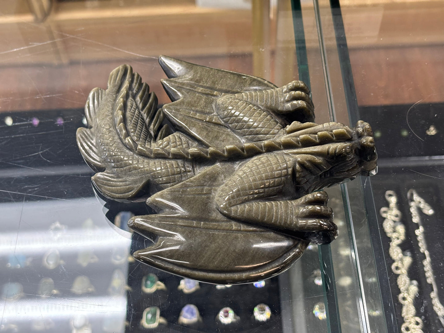 Hand Carved Gold Sheen Obsidian Dragon, 427gr, 14x13x3cm, China