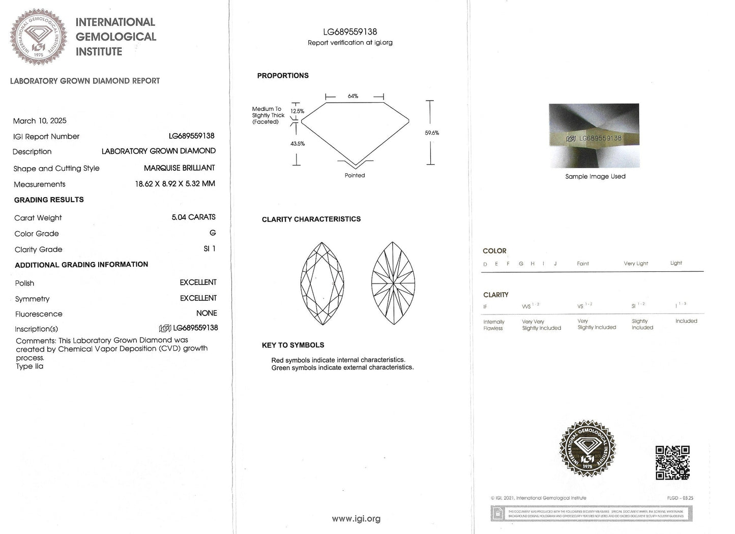 Certified Lab Grown Diamond, Marquise Brilliant, 5.04ct, G, SI1