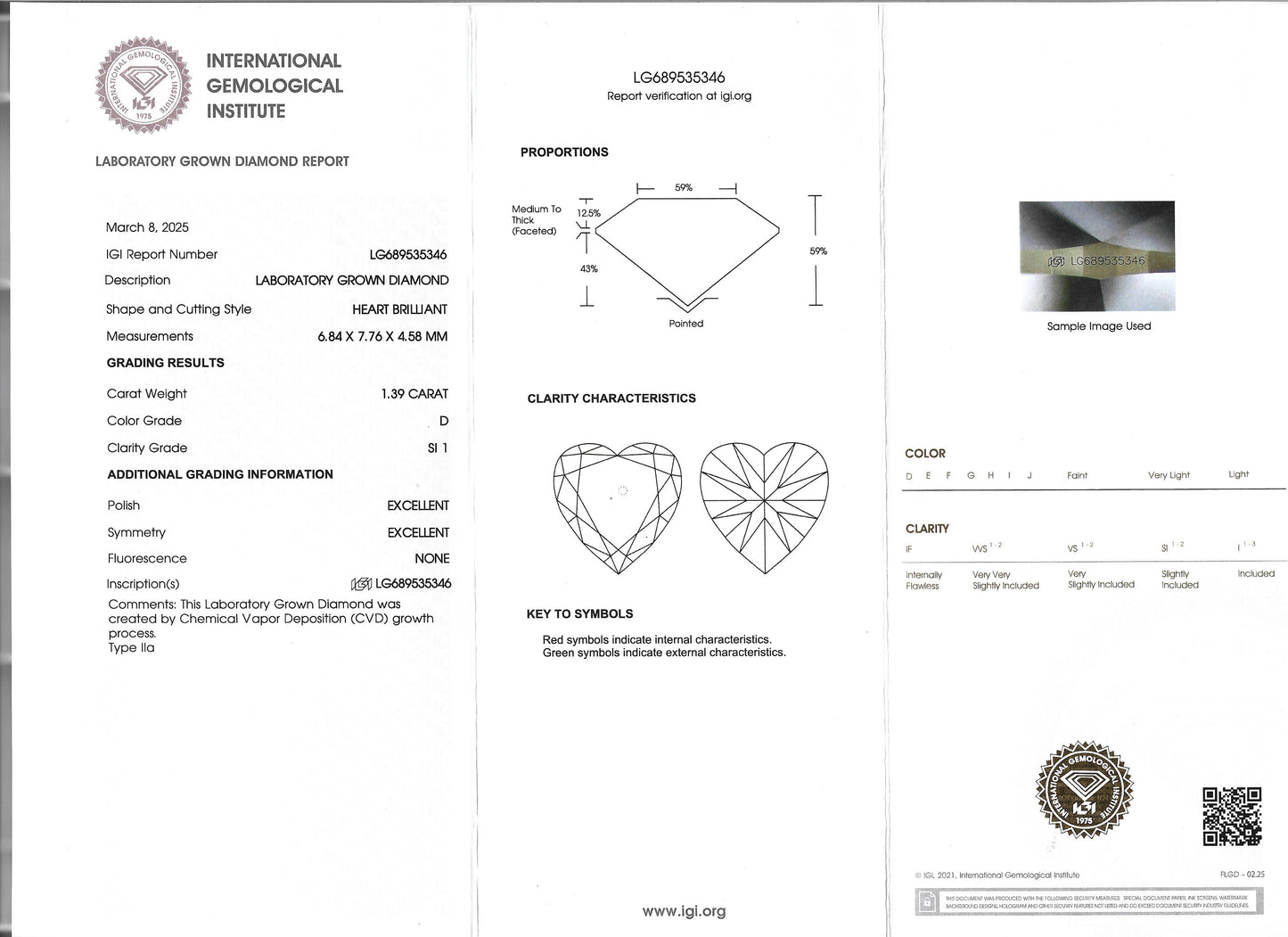 Certified Lab Grown Diamond, 1.39ct, D, SI1, Heart Shape, Excellent Cut