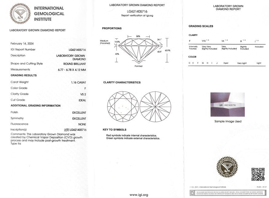 Certified Lab Grown Diamond, 1.16ct, F, VS2, Round, Ideal Cut