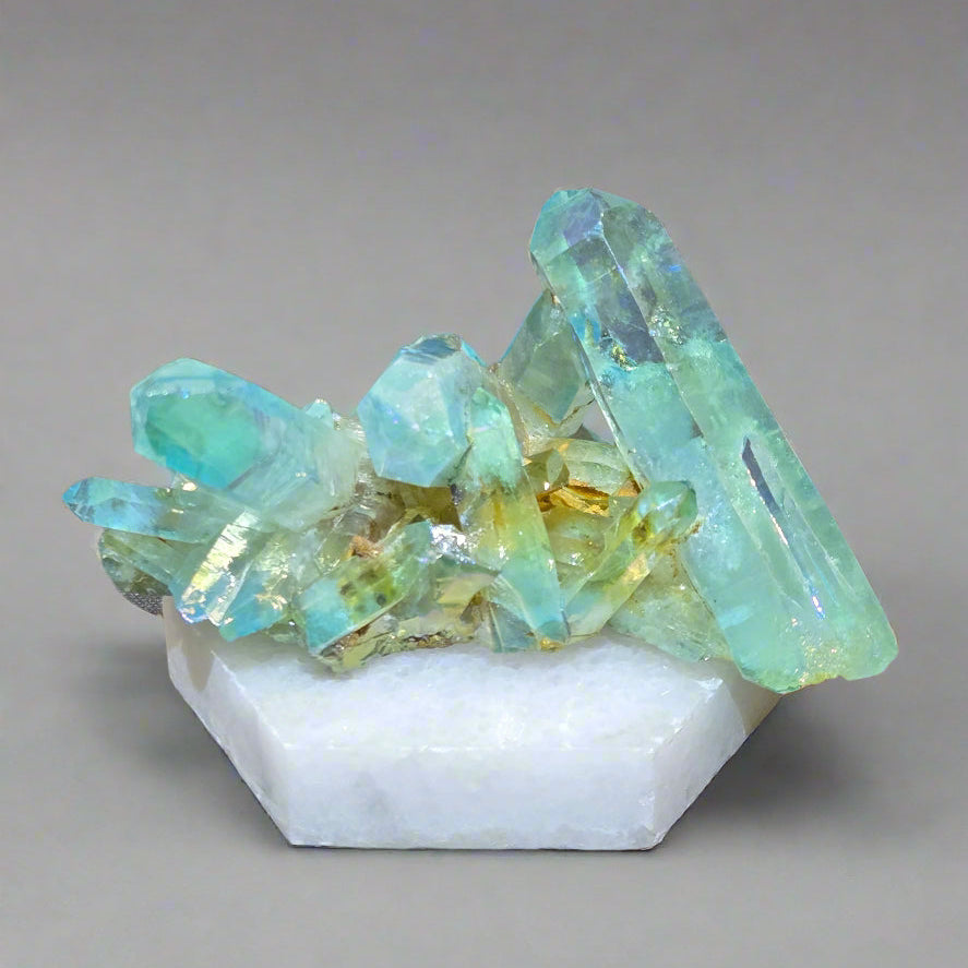 Aura Quartz Cluster on Marble Base, 48.88gr, Titanium Coating