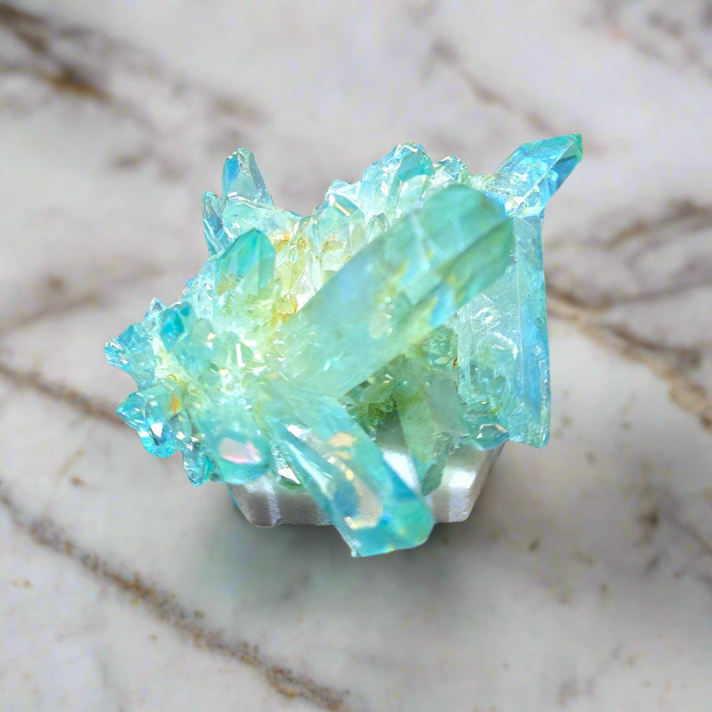 Aura Quartz Cluster on Marble Base, 73.58gr, Titanium Coating