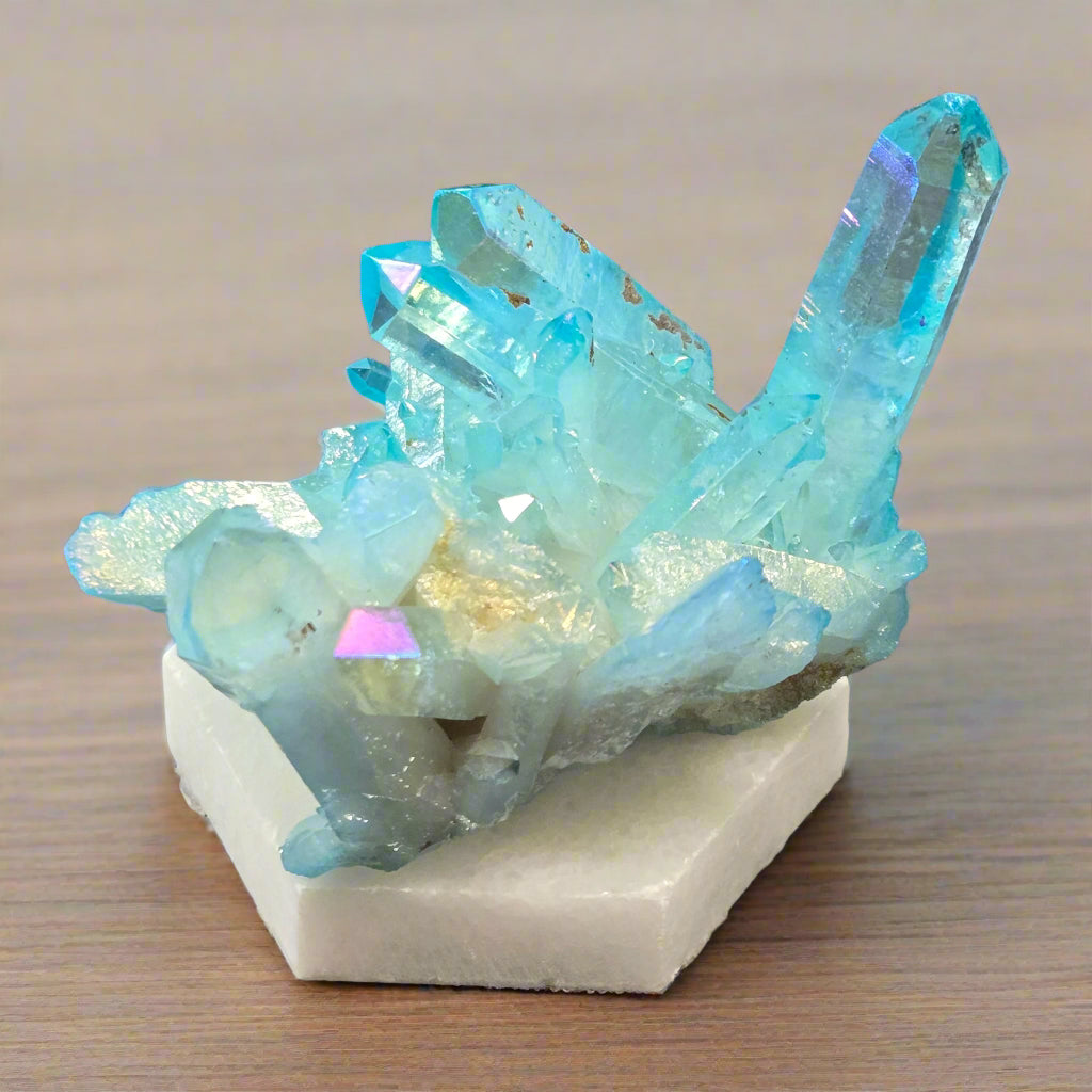 Aura Quartz Cluster on Marble Base, 86.8gr, Titanium Coating