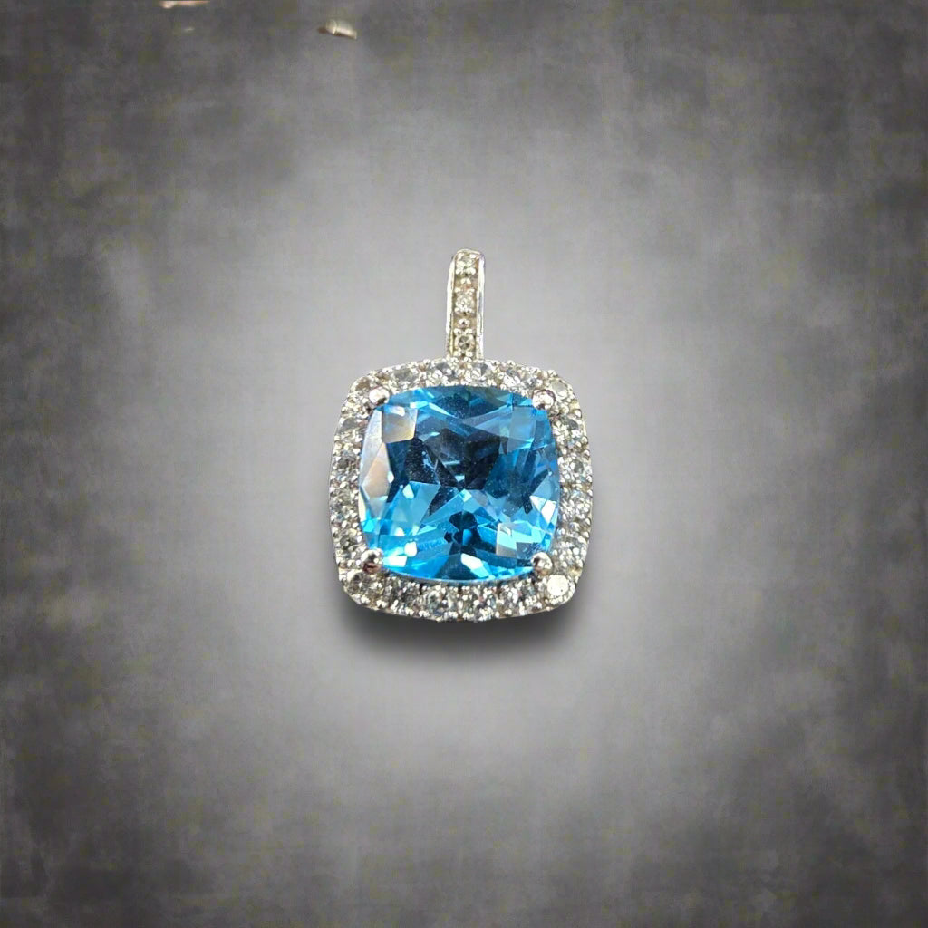 Swiss Blue Topaz & Diamond Pendant - 10K - 2.11gr