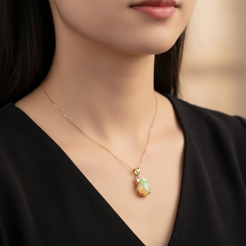 14K Etheopian Opal & Diamond Pendant, 1.94ct, 10.5x7.9mm - 1.72gr