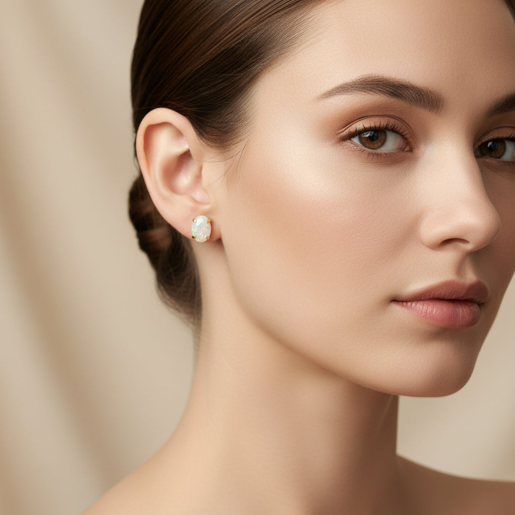 14K Australian Opal Earrings, 7x5mm, 0.75gr