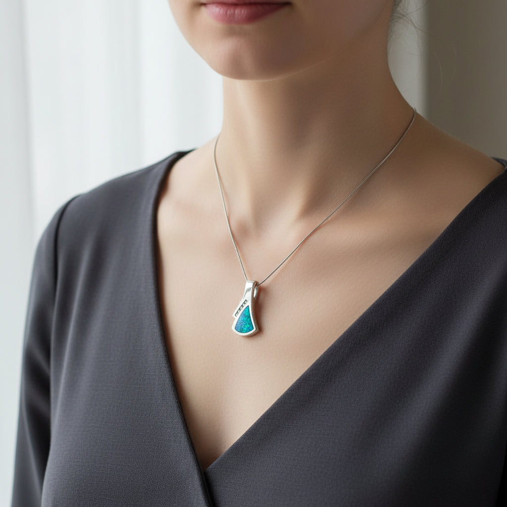 14k White Gold Boulder Opal & Diamond Pendant, Hand Cut