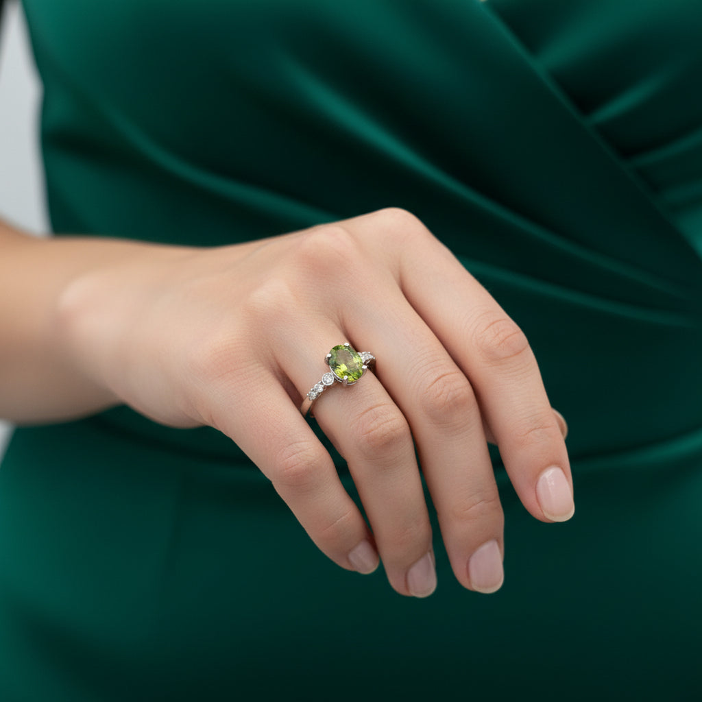 10K Natural Peridot Ring with CZ Side Stones, 7x5mm, 0.8ct, Afghanistan