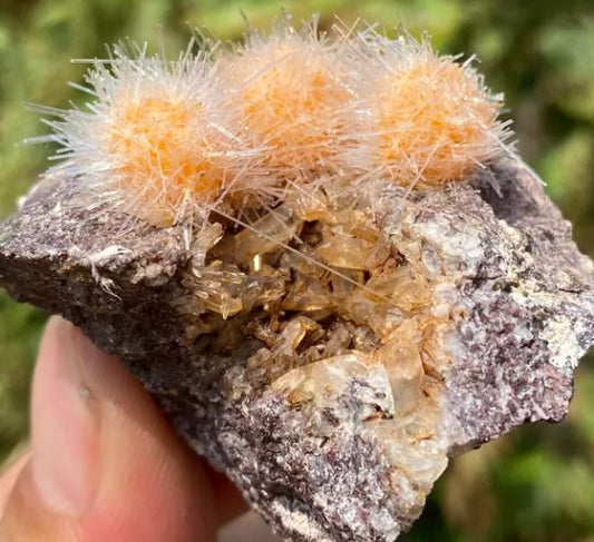 So fuzzy! What's this orange magnesite and quartz crystal from Morocco. Why does it look this way and how does it form?
