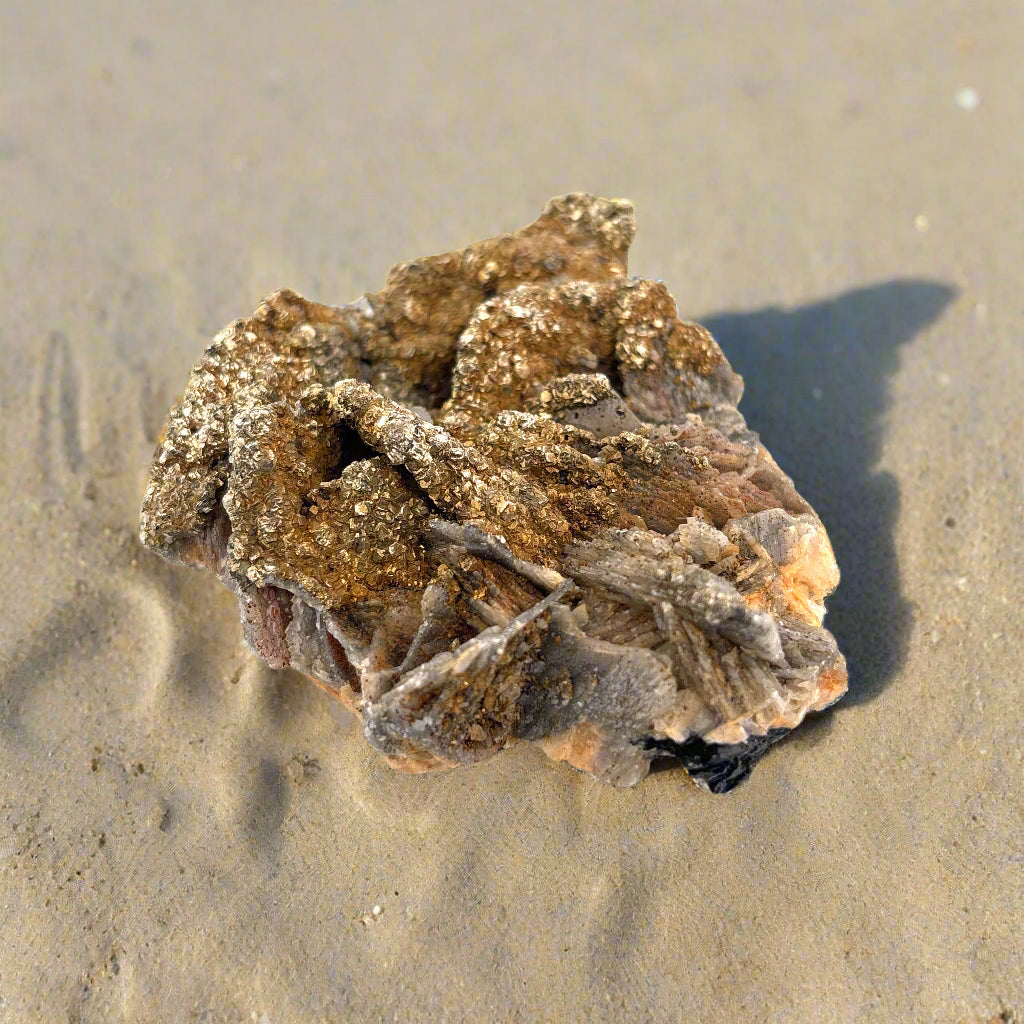 Pyrite on Calcite, Morocco, 7x7x2cm, 187gr