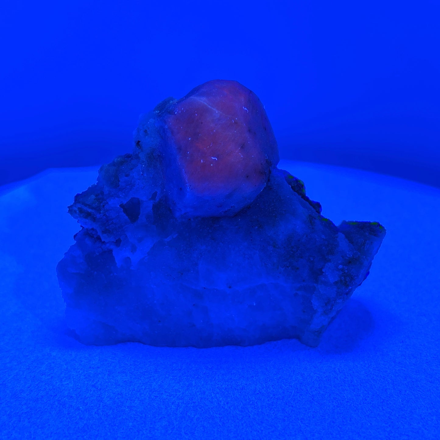 Fluorescent Hackmanite & Calcite on Quartz, 159.06gr, Pakistan