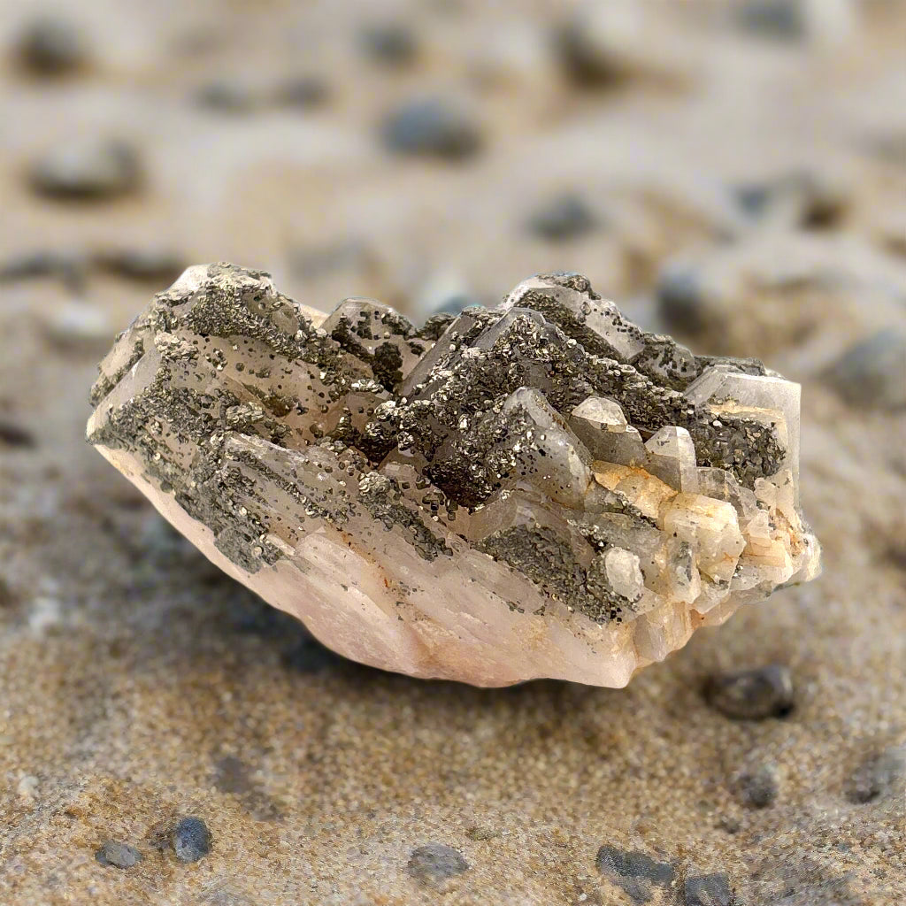 Pyrite on Calcite, Morocco, 7x4x3cm, 132gr