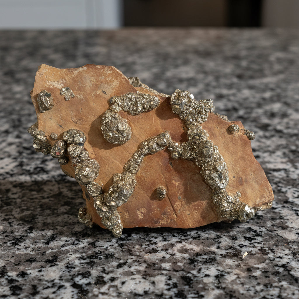 Pyrite on Limonite Clay, 1002gr, 18x11x5cm, Supat Mine, Mansehra, Pakistan