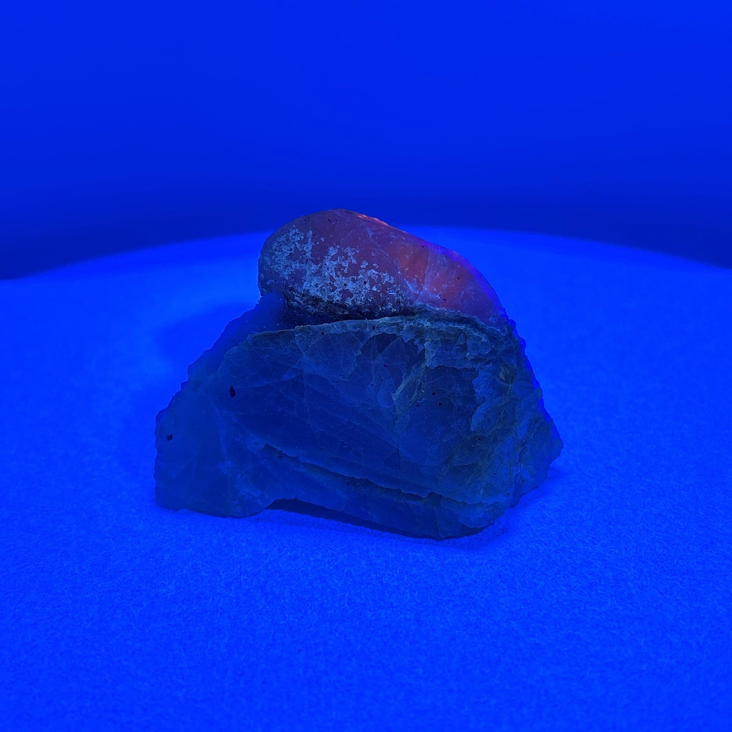 Fluorescent Hackmanite & Calcite on Quartz, Pakistan, 85.13gr