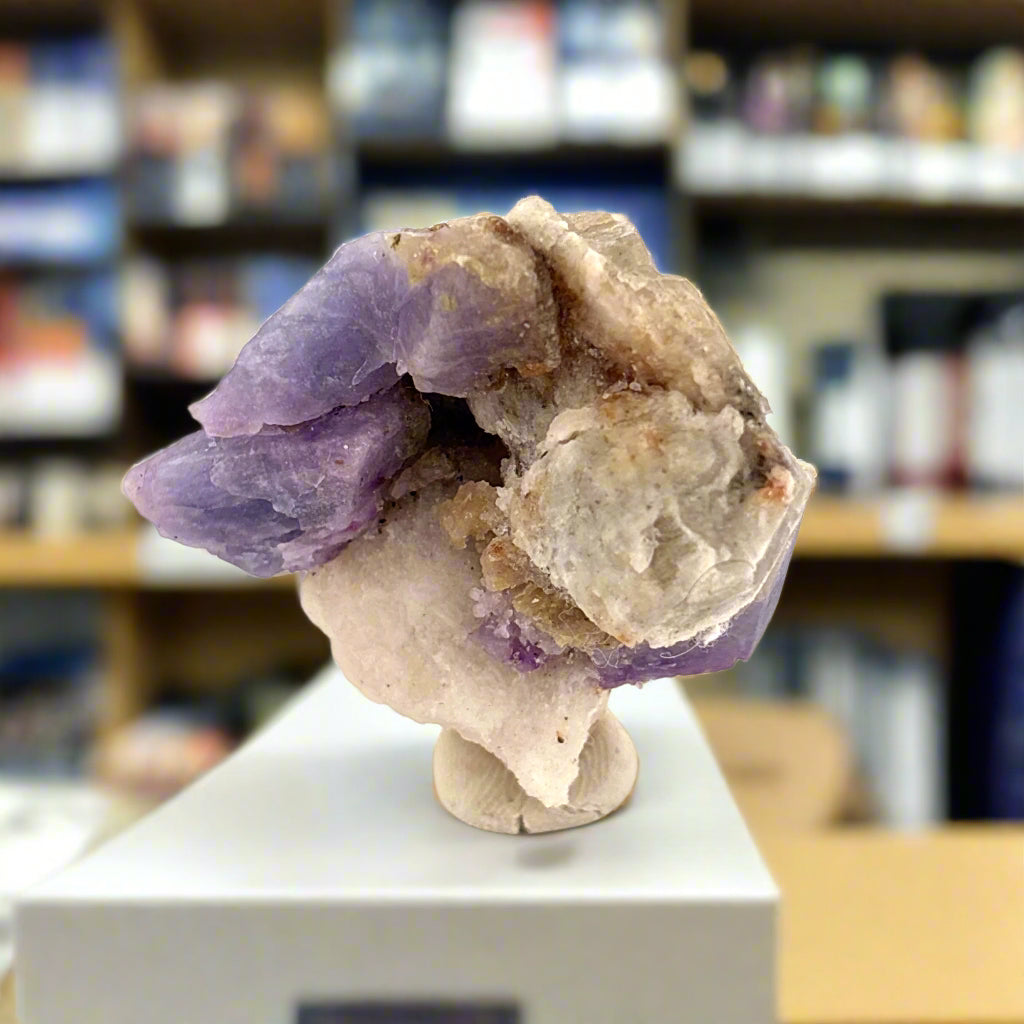 Fluorescent Hackmanite & Calcite on Quartz, Pakistan, 38.95gr