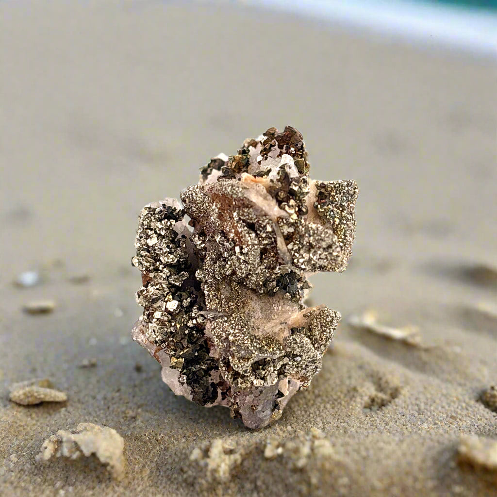 Pyrite on Quartz from Morocco, 7x5x3.5cm, 111gr