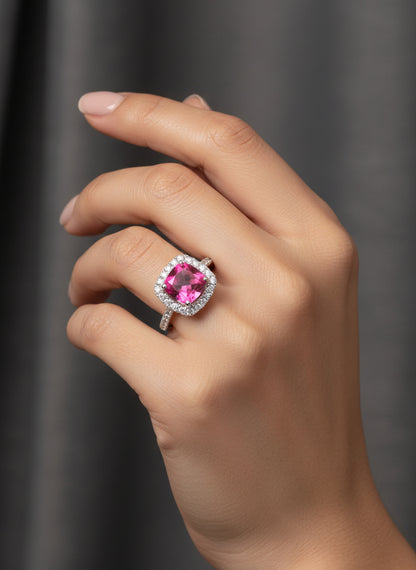 14k Estate White Gold Simulated Pink Sapphire and Diamond Ring