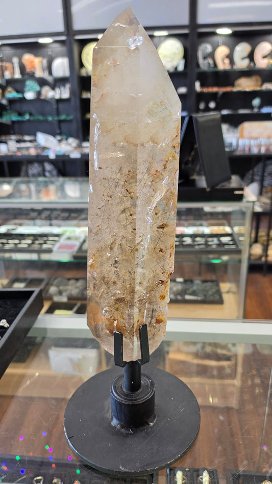 Brazilian Tourmilated Quartz Point with Phantom on rotating steel base, 32x7x9cm 2938gr Specimen