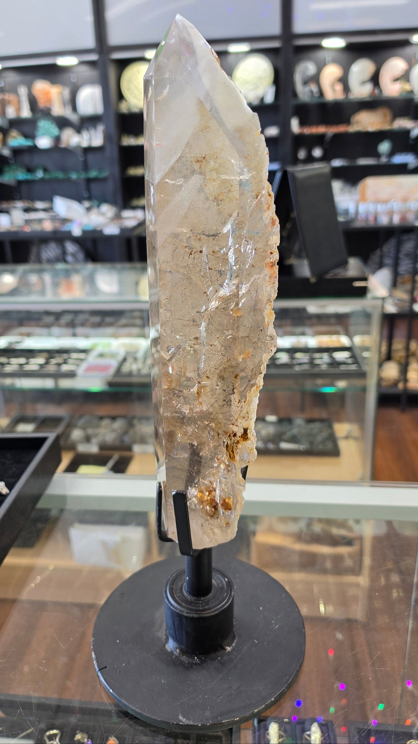Brazilian Tourmilated Quartz Point with Phantom on rotating steel base, 32x7x9cm 2938gr Specimen
