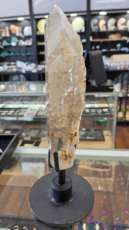 Brazilian Tourmilated Quartz Point with Phantom on rotating steel base, 32x7x9cm 2938gr Specimen