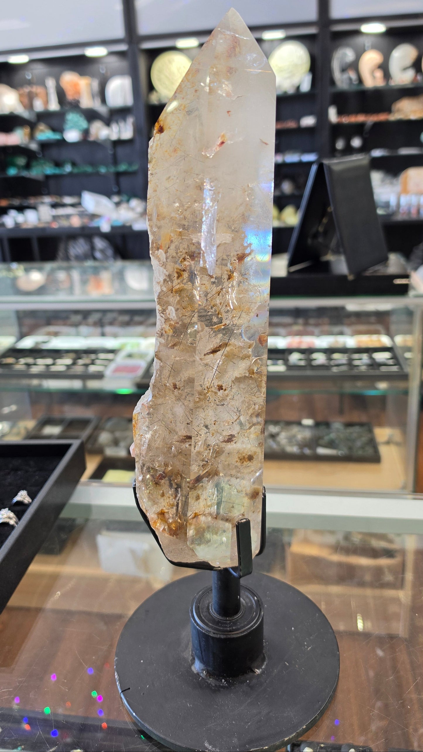 Brazilian Tourmilated Quartz Point with Phantom on rotating steel base, 32x7x9cm 2938gr Specimen