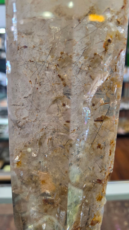 Brazilian Tourmilated Quartz Point with Phantom on rotating steel base, 32x7x9cm 2938gr Specimen