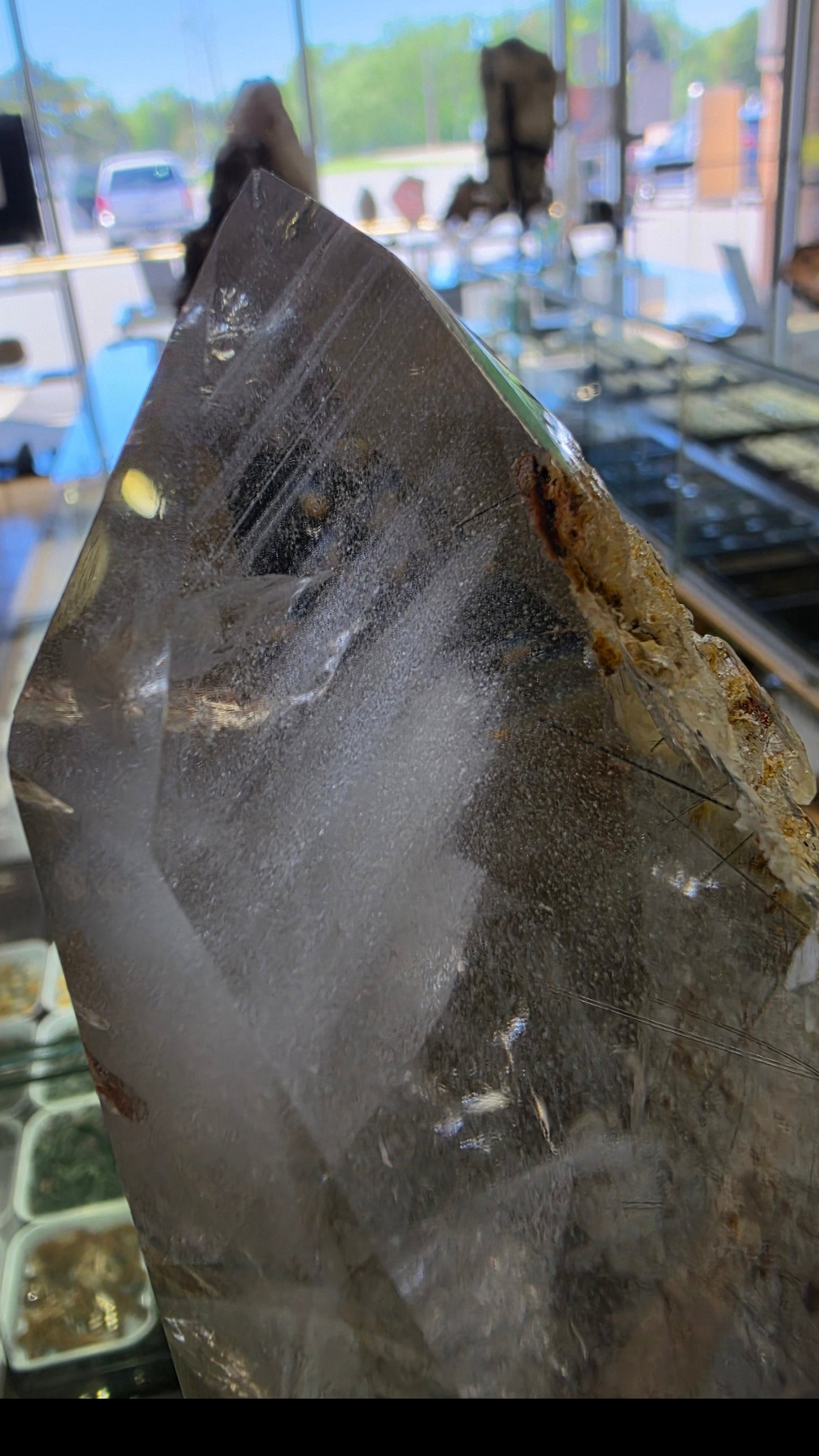 Brazilian Tourmilated Quartz Point with Phantom on rotating steel base, 32x7x9cm 2938gr Specimen