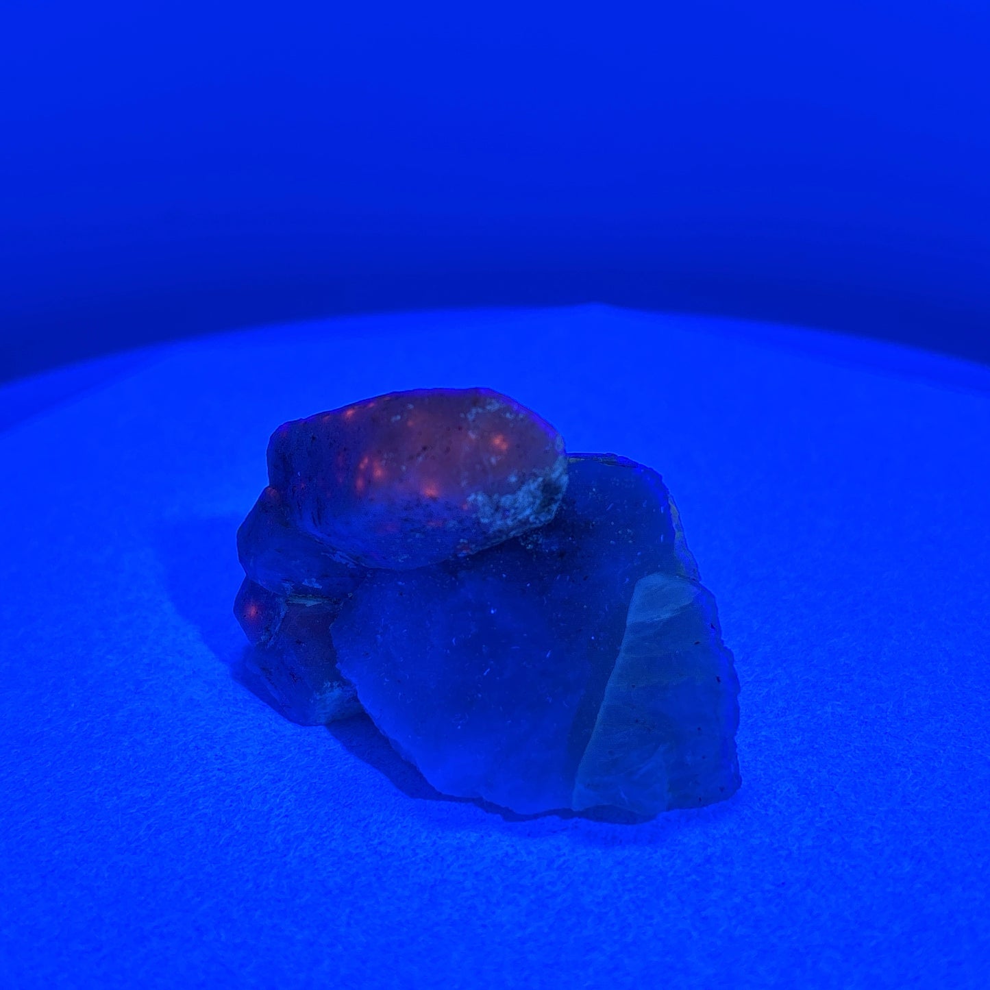 Fluorescent Hackmanite & Calcite on Quartz, Pakistan, 85.13gr