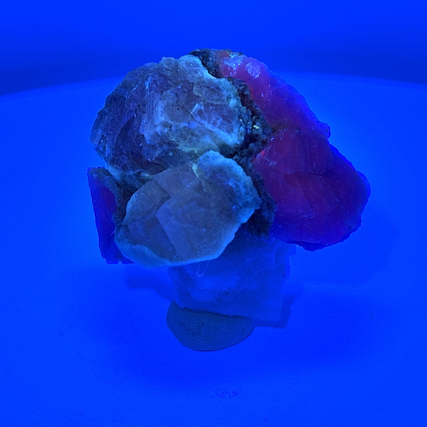 Fluorescent Hackmanite & Calcite on Quartz, Pakistan, 38.95gr