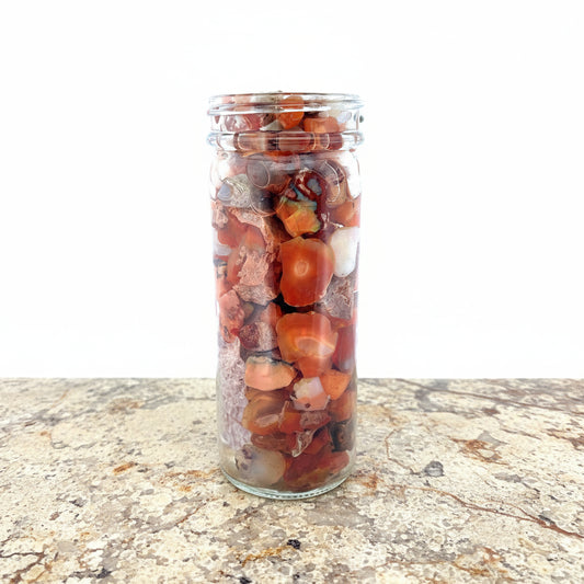 4.25 Fluid Oz Jar of Mexican Fire Opal, Stable, for cutting rough & inlay.